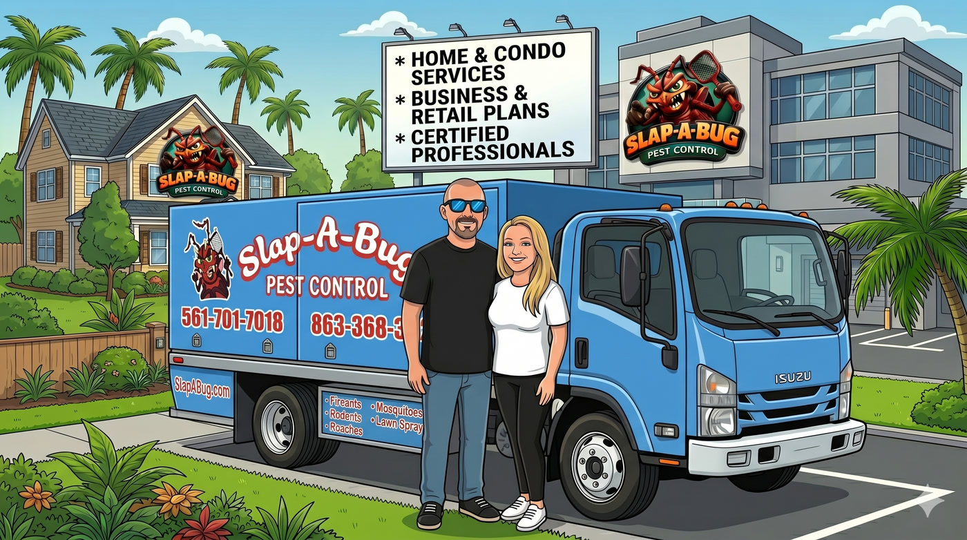 Brad and family, owners of Slap A Bug Pest Control, standing in front of their service truck in Okeechobee, FL